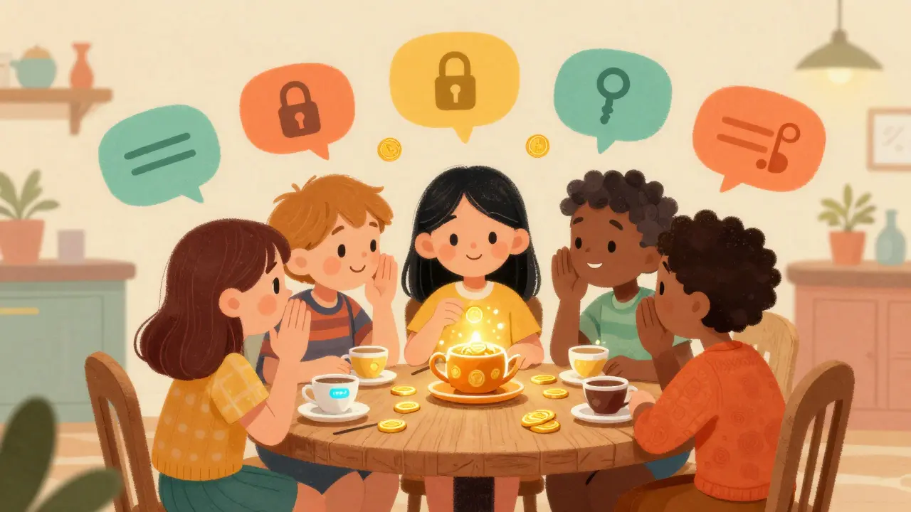 People exchanging glowing digital coins in a cozy, colorful tea house