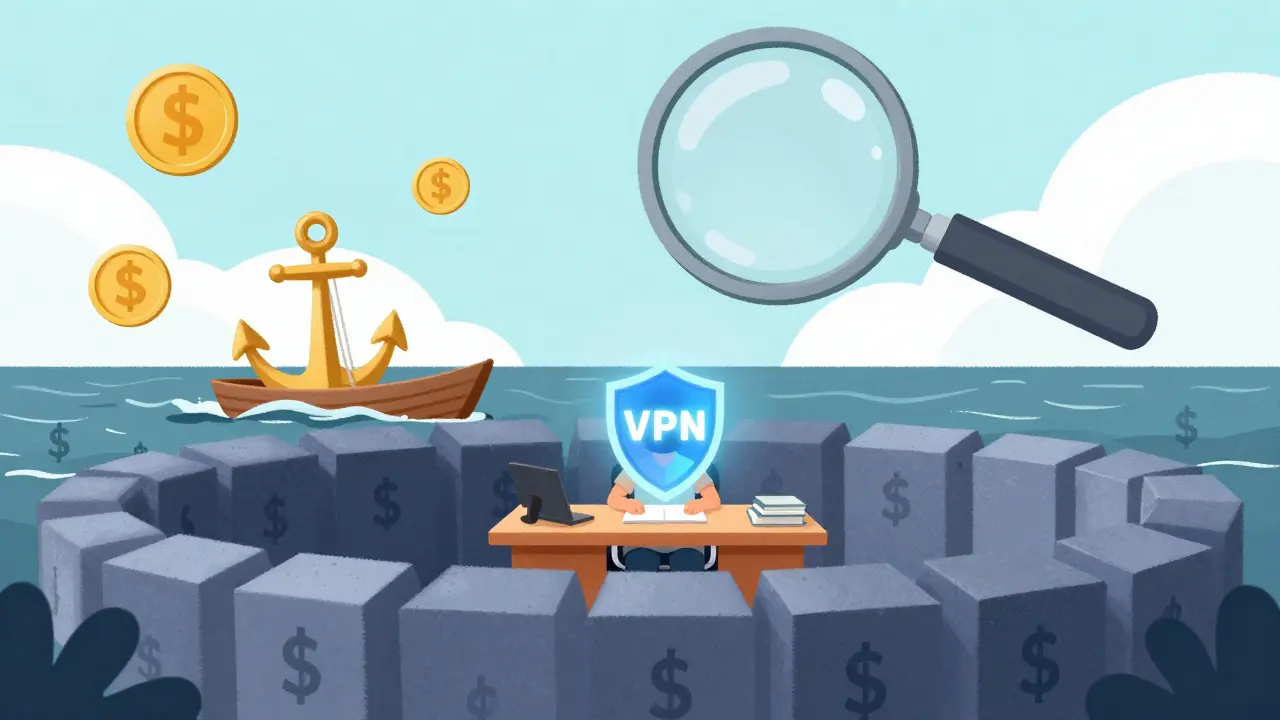 Person using a digital shield to hide from a giant magnifying glass