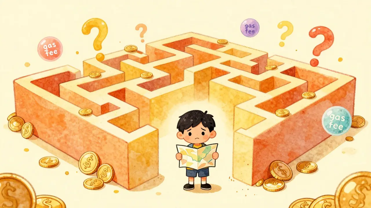 Small character lost in a maze of gold coins with floating question marks