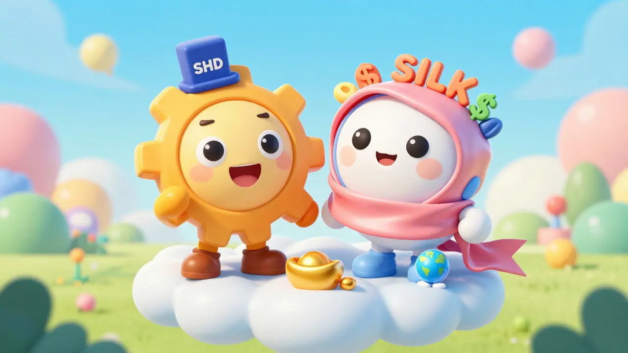 Two cute characters representing SHD and SILK tokens standing on a floating cloud.