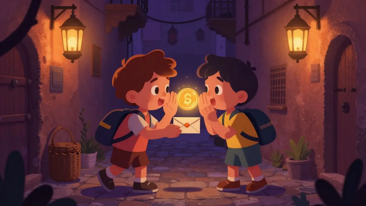 Two people secretly exchanging cash for a digital coin in a dark alley