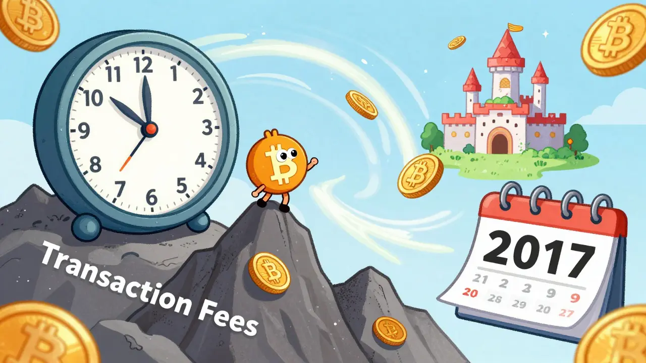 Whimsical drawing of a Bitcoin character struggling to climb a mountain of transaction fees