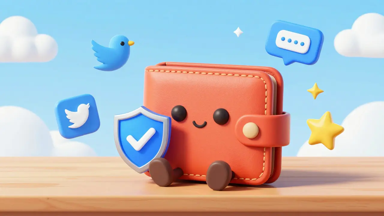 A friendly digital wallet character preparing for an airdrop with social media icons.