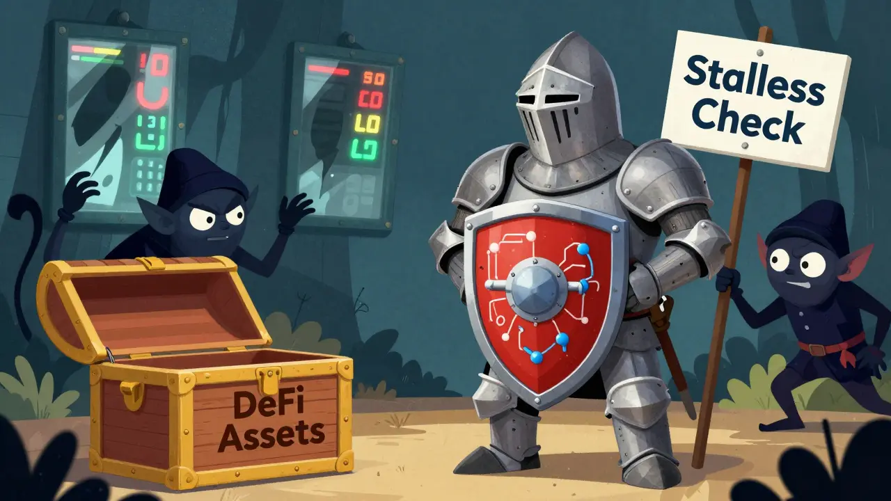 A friendly knight protecting DeFi assets from manipulative gremlins in a storybook style.