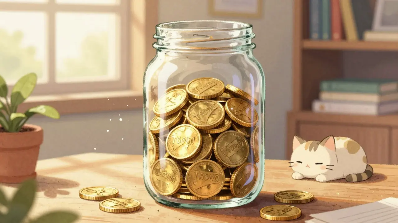 A jar full of golden T6900 coins sitting on a sunny desk with a cat