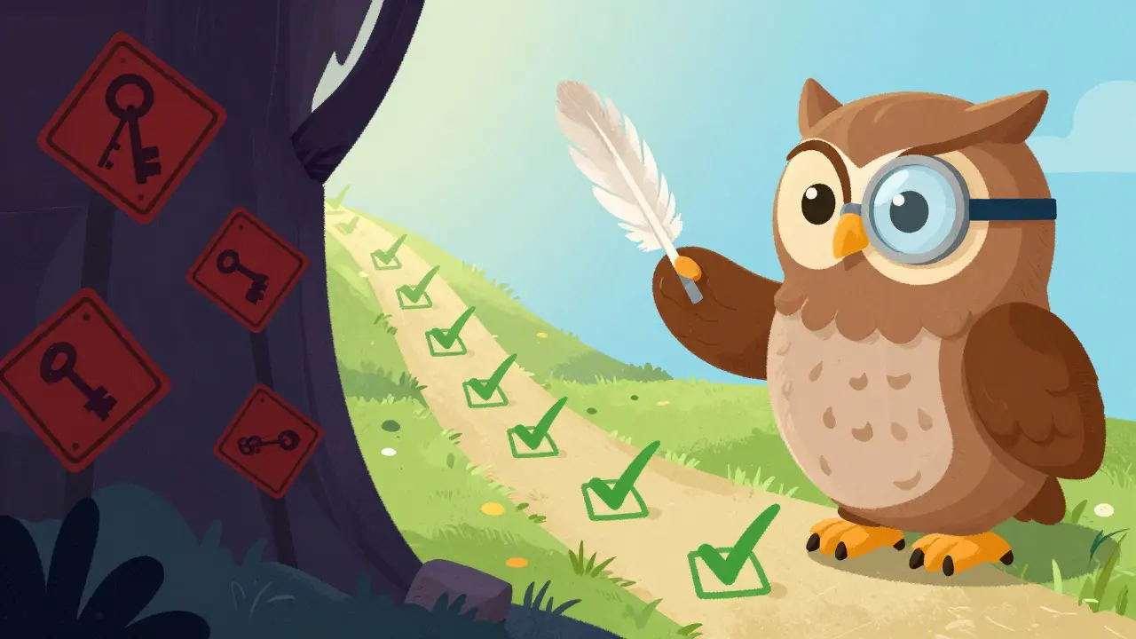 An owl guide pointing to a safe path away from dark scam shadows