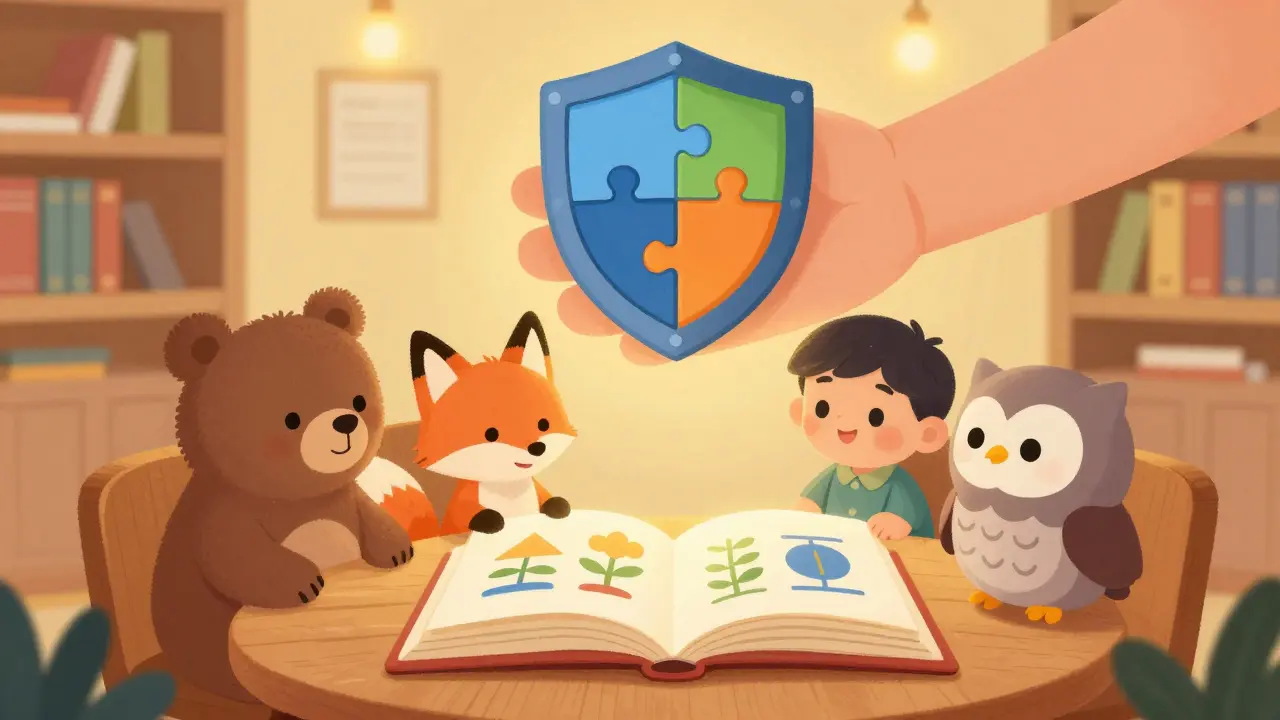 Animal characters reviewing a glowing book under a protective shield of puzzle pieces.