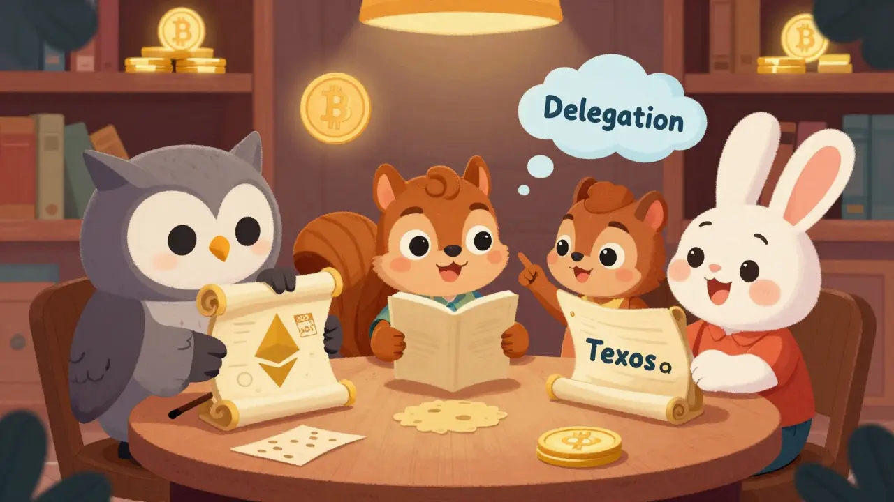 Animals discussing staking options for Polkadot and Tezos at a table