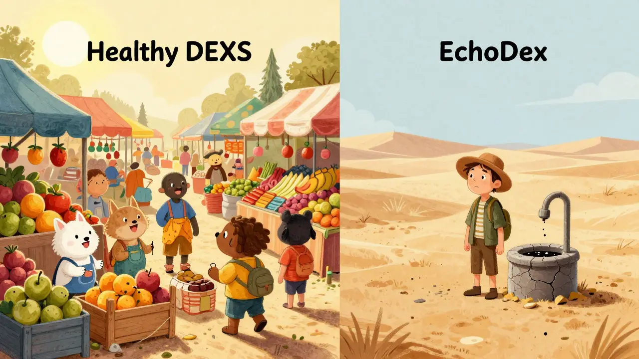 Bustling market vs lonely desert comparing crypto exchanges