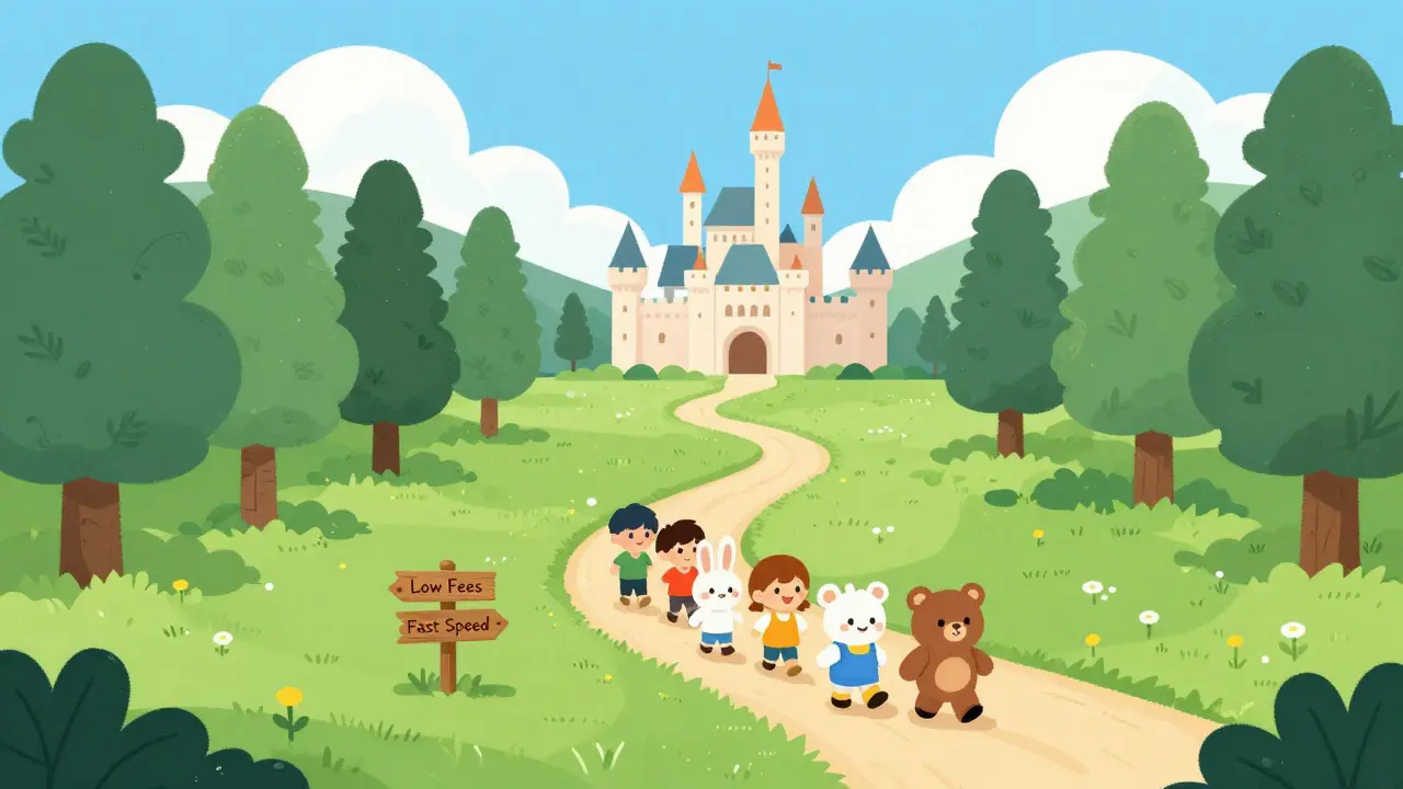 Cartoon animals walking on a path through a forest towards a distant castle.