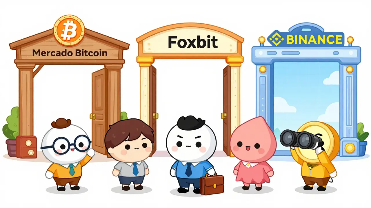 Cartoon characters choosing between different crypto exchange platforms depicted as friendly shops.