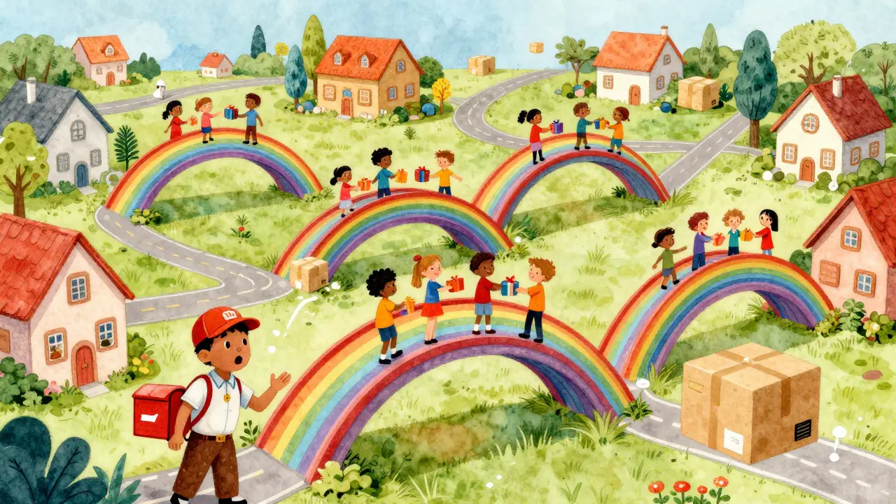 Cartoon characters exchanging items instantly via digital bridges globally.