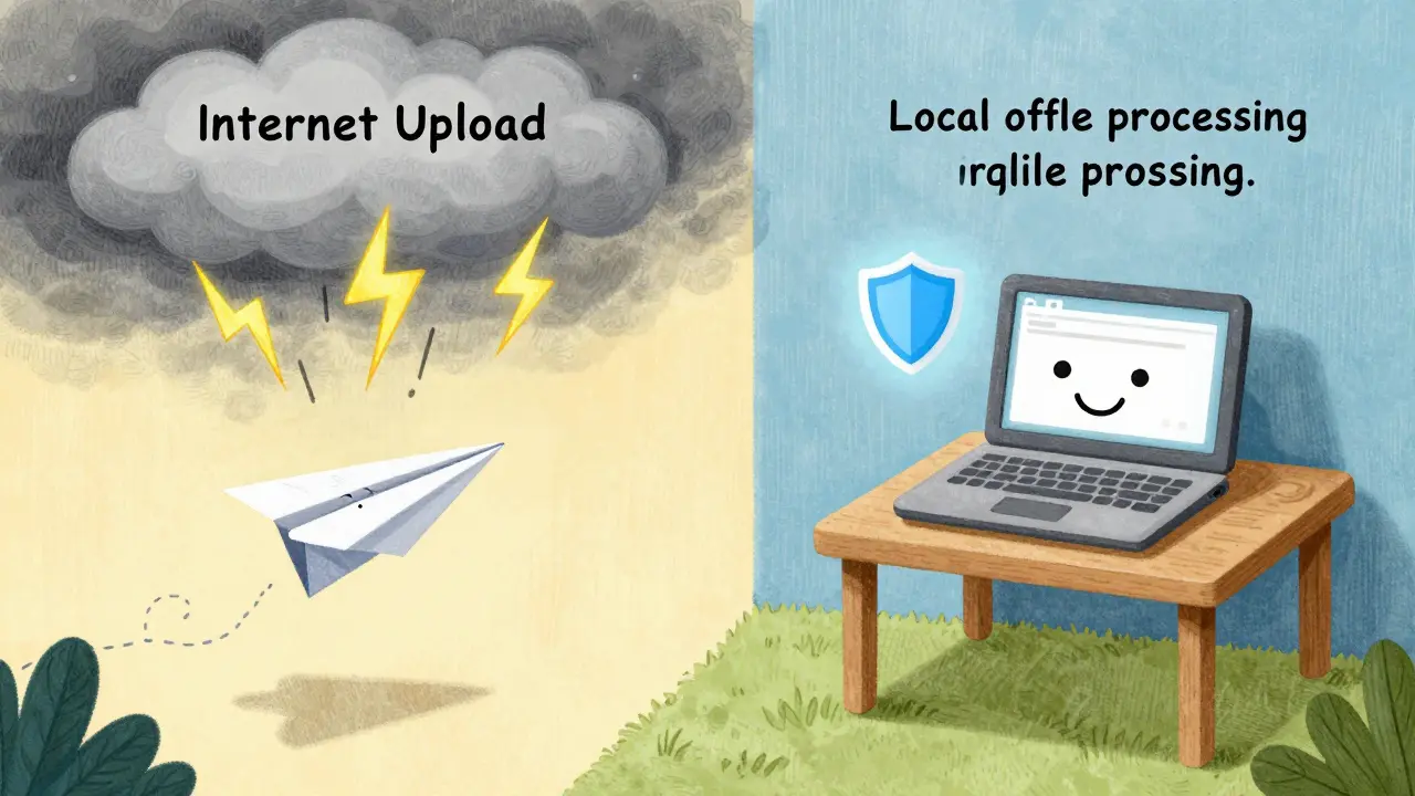 Cartoon comparison of risky online uploads versus safe local offline document cleaning.