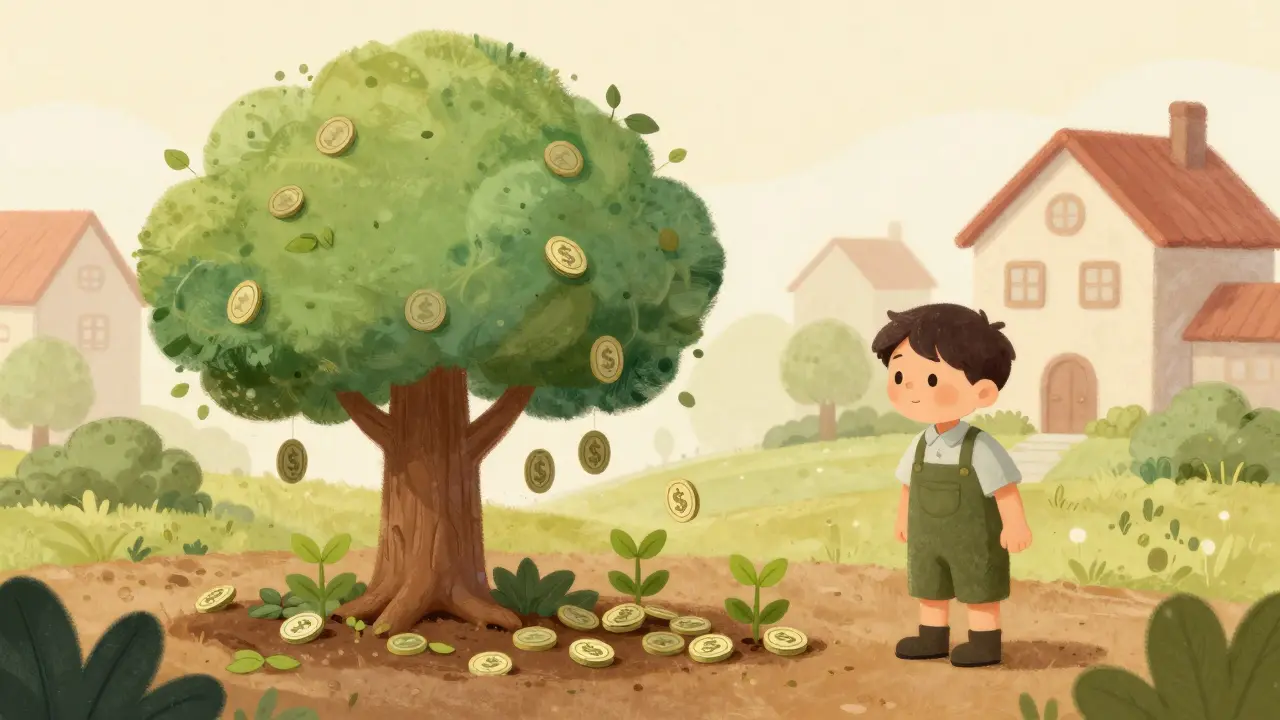 Cartoon of a money tree growing too many tokens, symbolizing inflation.