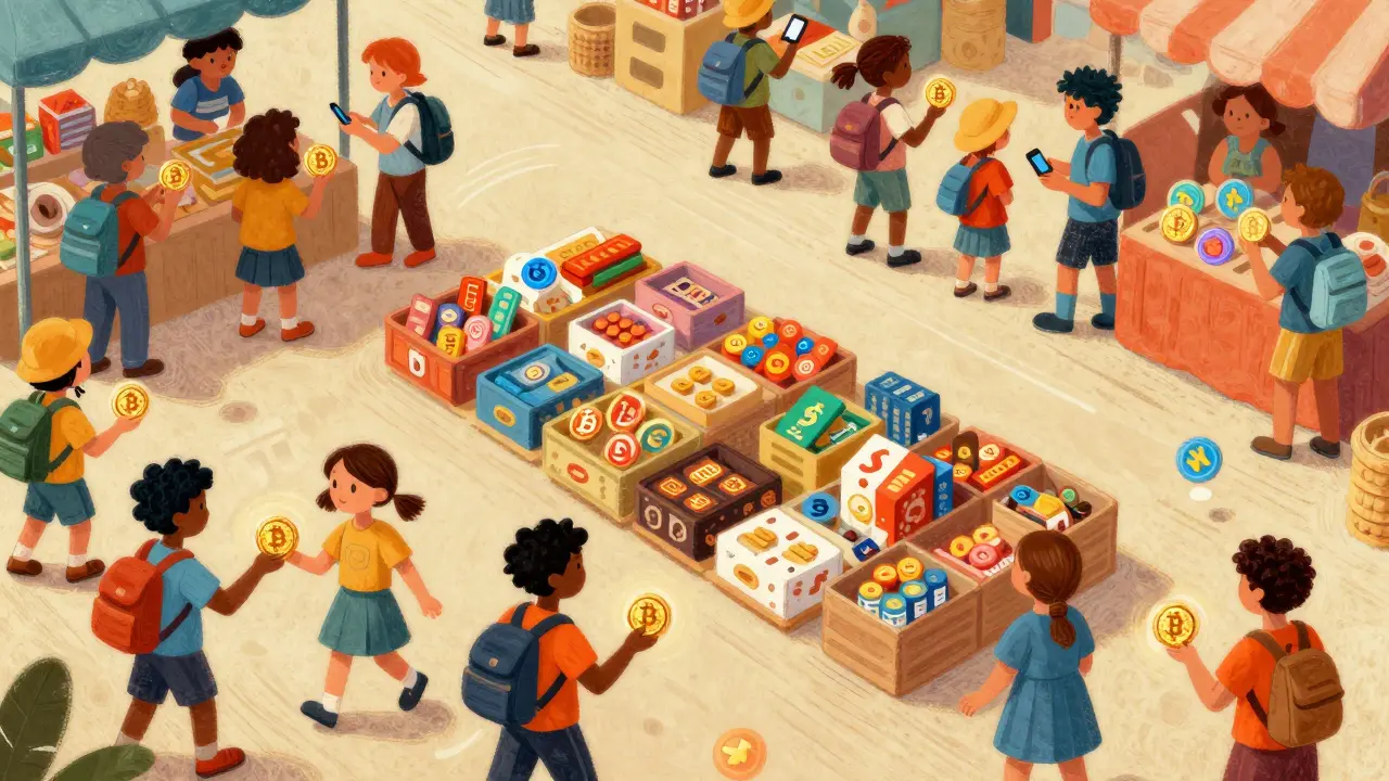 Cartoon scene showing global transactions with digital coins and tokens.