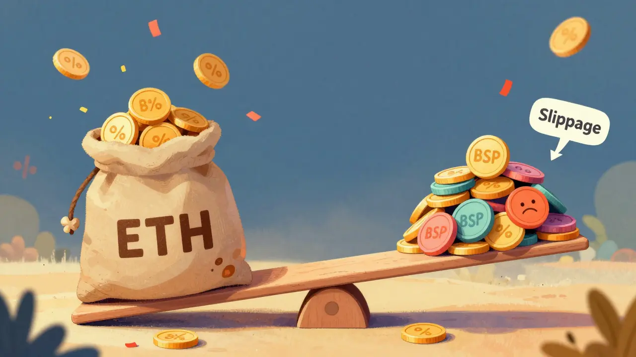 Cartoon seesaw showing uneven trade values and slippage costs in pastel colors.