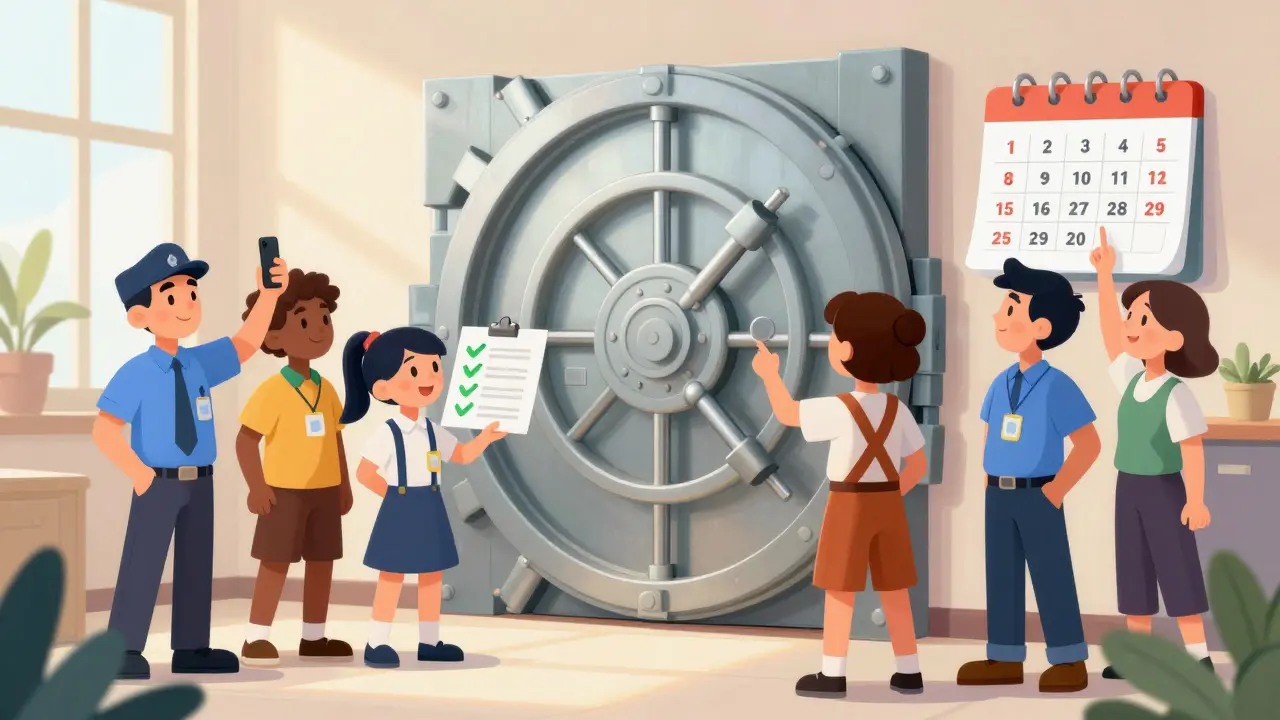 Cartoon traders standing confidently by a secure vault, holding compliance checklists.