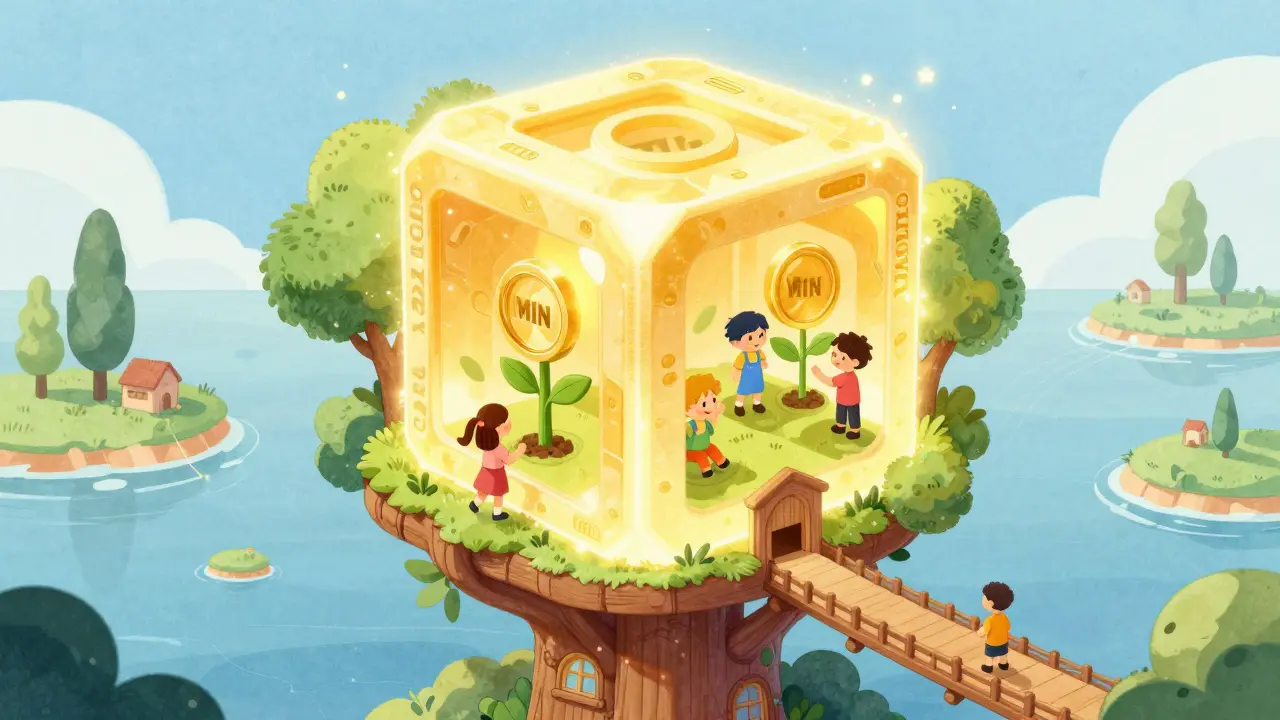 Cartoon treehouse on a blockchain block with token-growing plants and a bridge
