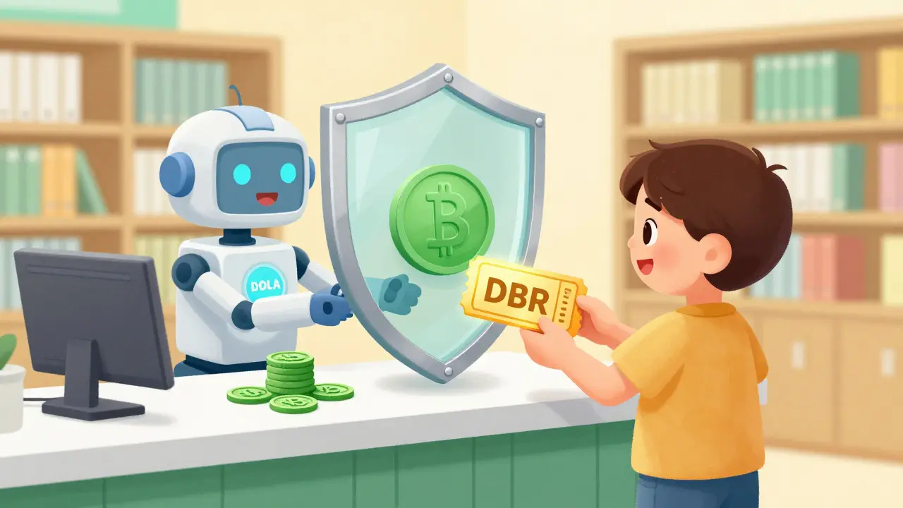 Character using DBR coupon to safely borrow DOLA coins