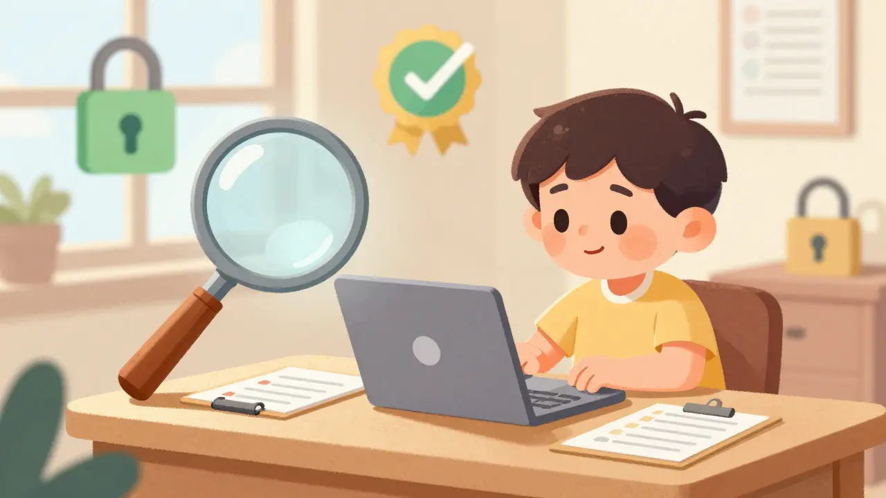 Character using verification tools like a magnifying glass at a safe desk.