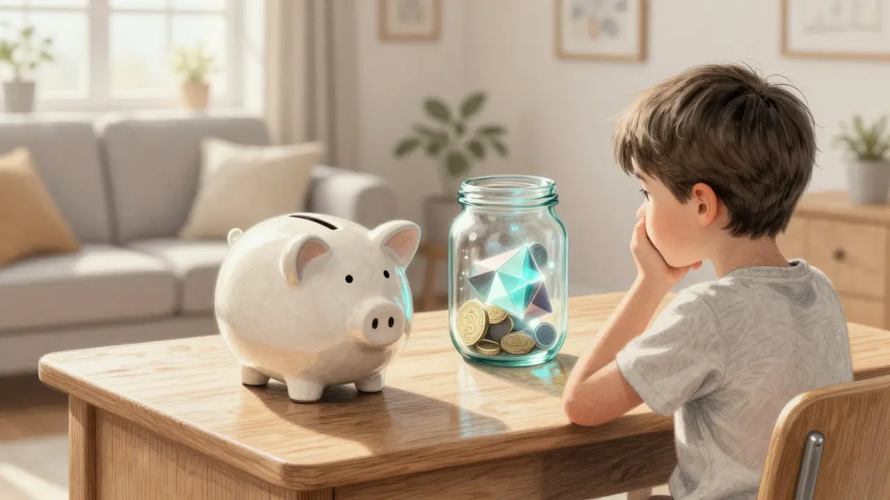 Child looking at two piggy banks symbolizing different types of digital money.
