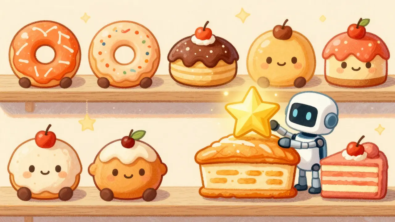 Cute baked good NFTs on shelves with a robot adding a star, symbolizing staking.