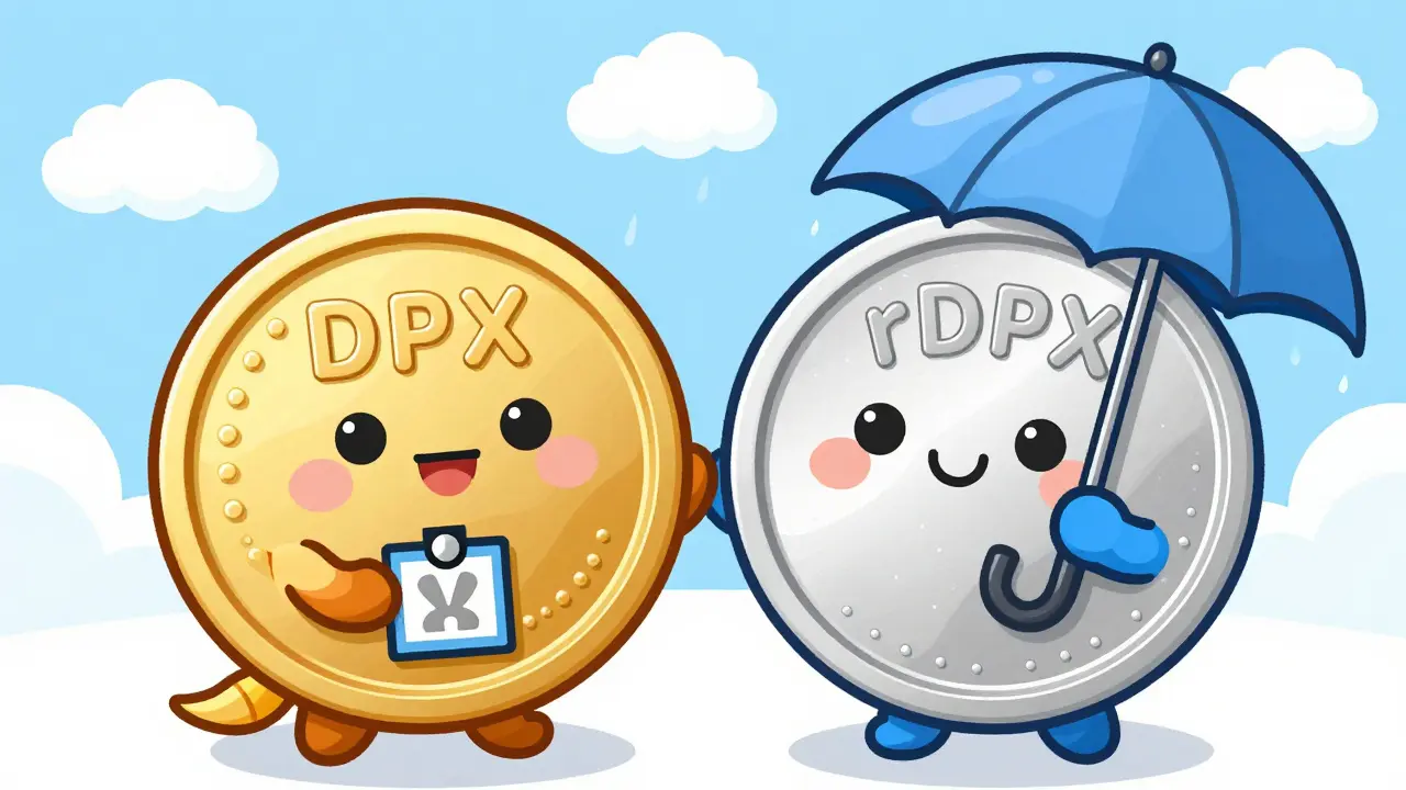 Cute coin characters representing DPX governance and rDPX risk protection