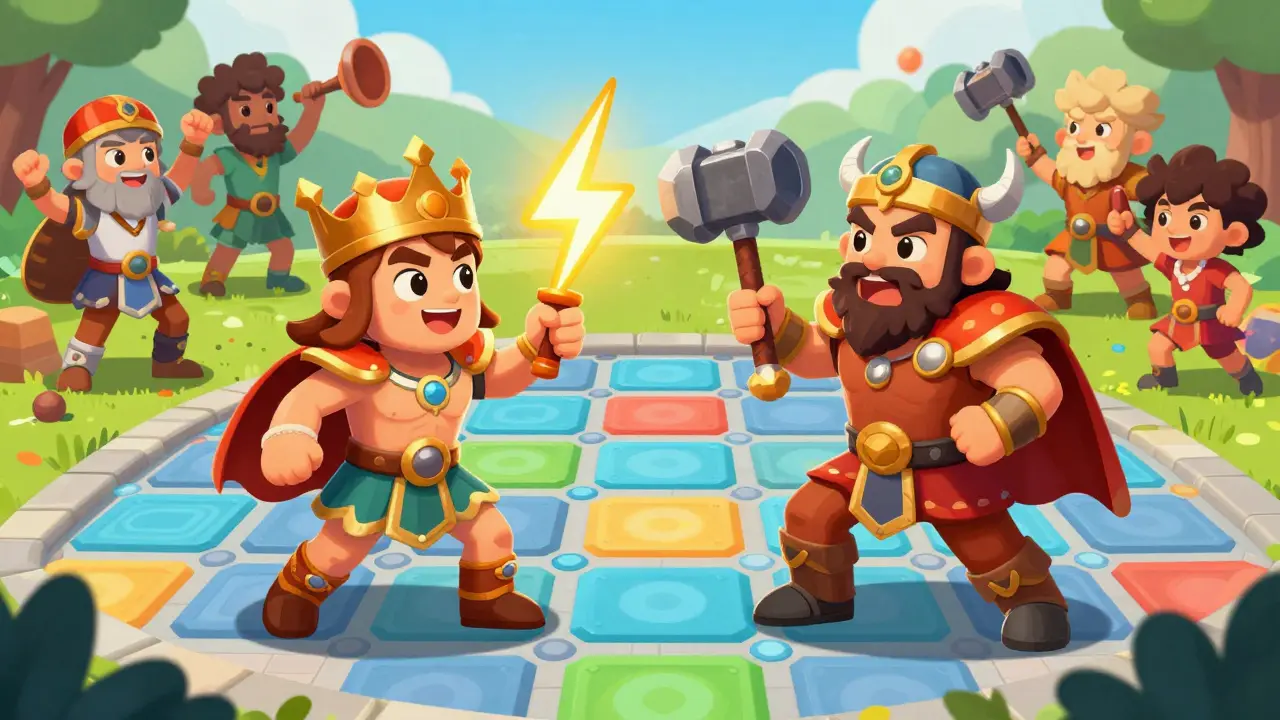 Cute mythological heroes battling on a colorful digital arena stage