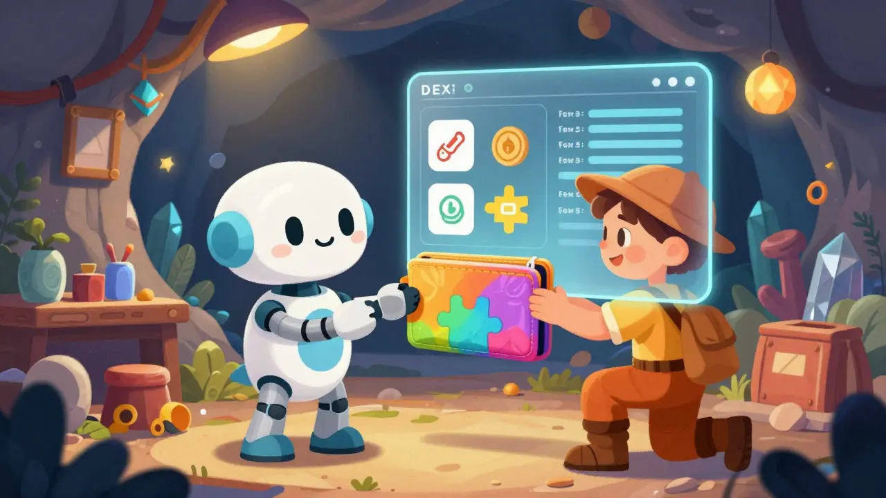 Cute robot helping a user connect a wallet to a simple trading interface