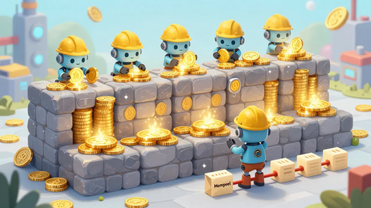 Cute robot miners stacking blocks to secure cryptocurrency transactions in a whimsical factory