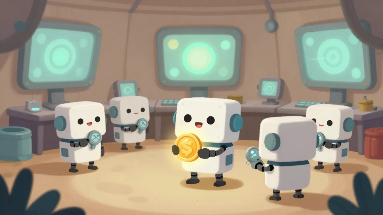 Cute robots working happily in a mining room with a golden reward.