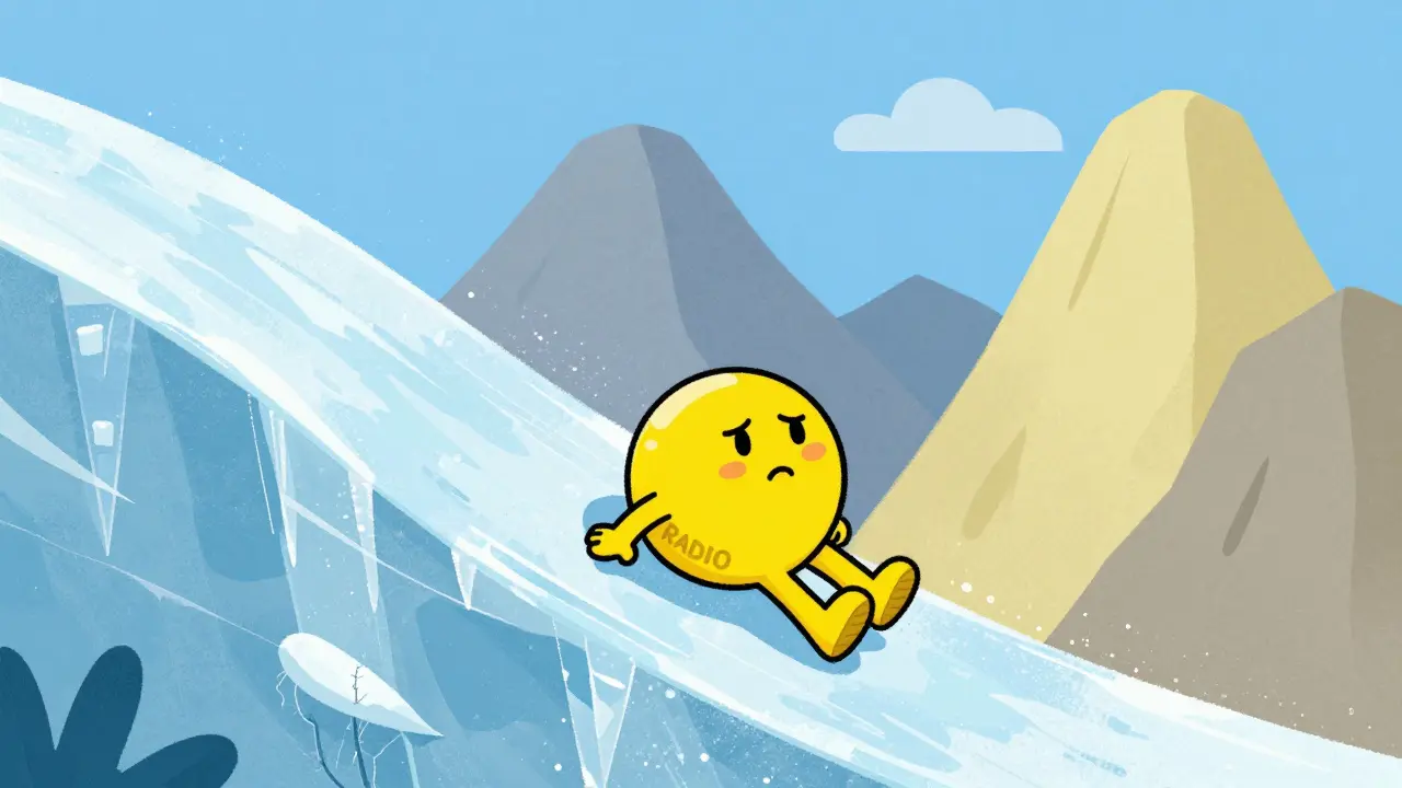 Cute token character slipping on an icy slope representing high slippage