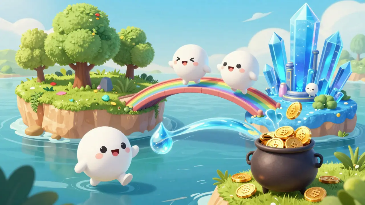 Cute tokens crossing a bridge between islands, with one splitting into liquid yield.
