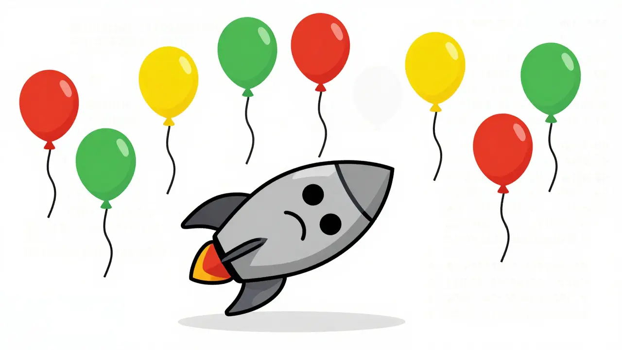 Deflated gray rocket balloon floating among vibrant ones