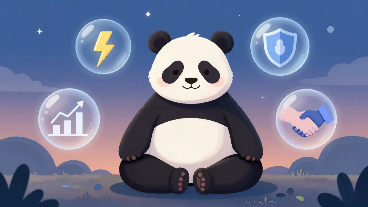 Friendly panda surrounded by bubbles showing speed, security, and farming icons