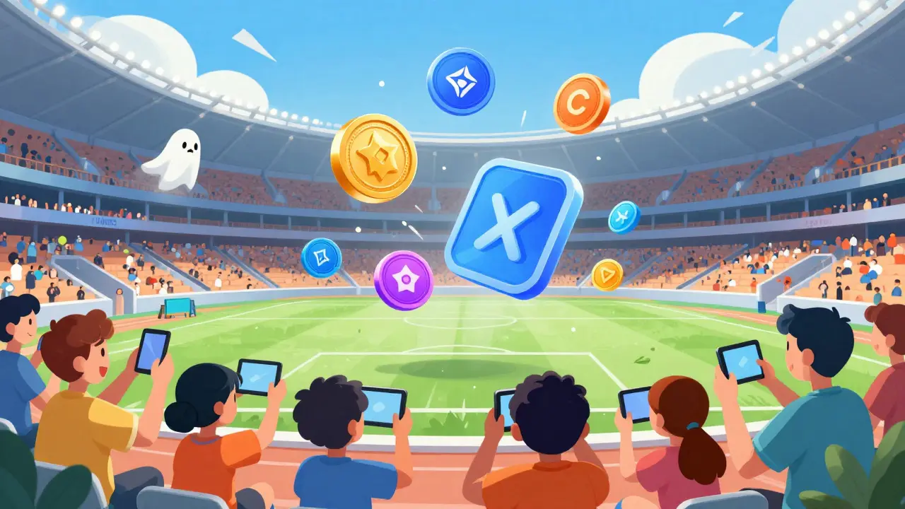 Happy fans using modern sports crypto apps while an old token fades away.