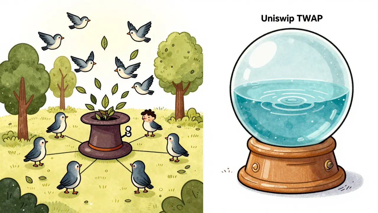 Illustration comparing decentralized node networks with internal liquidity crystal balls.