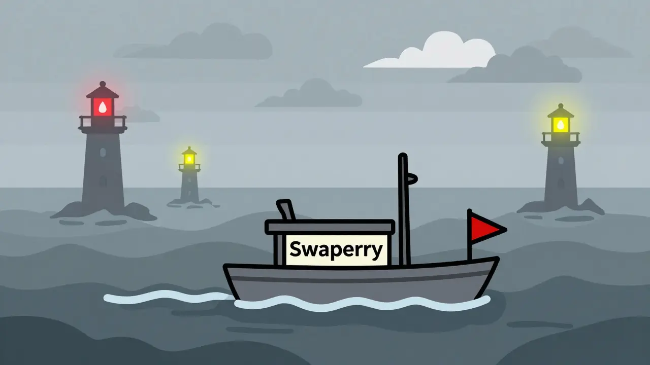 Illustration of a boat navigating foggy waters with warning lights ahead.