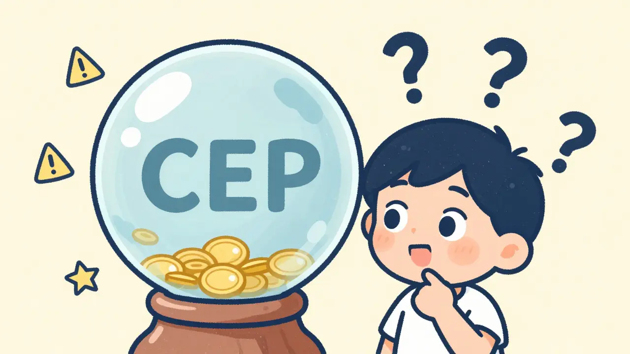 Illustration of a character examining a crystal orb with few coins inside.