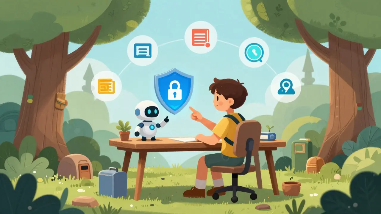 Illustration of a child and robot verifying secure crypto connections safely.