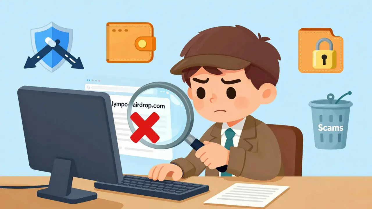 Illustration of a detective checking for scam URLs and protecting a crypto wallet.