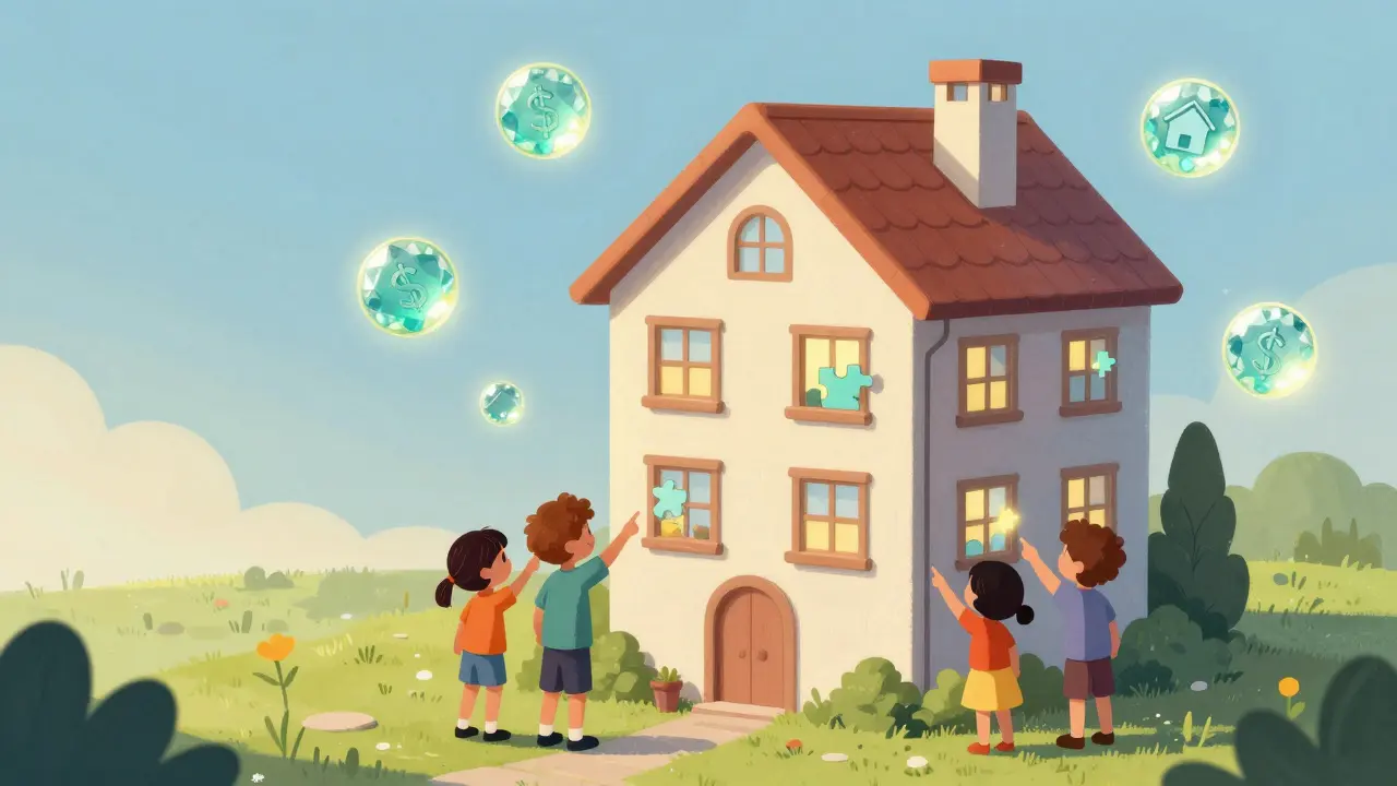 Illustration of a house with floating NFT puzzle pieces showing fractional ownership.