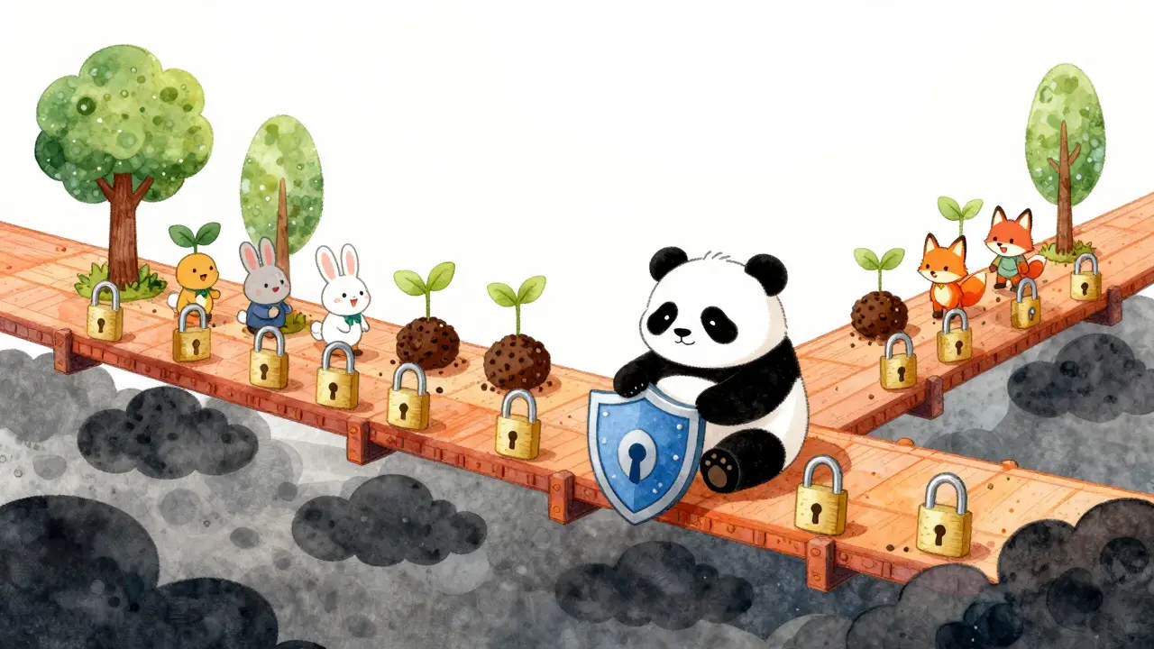 Illustration of a panda on a secure bridge labeled Panda Pad, keeping dangers away