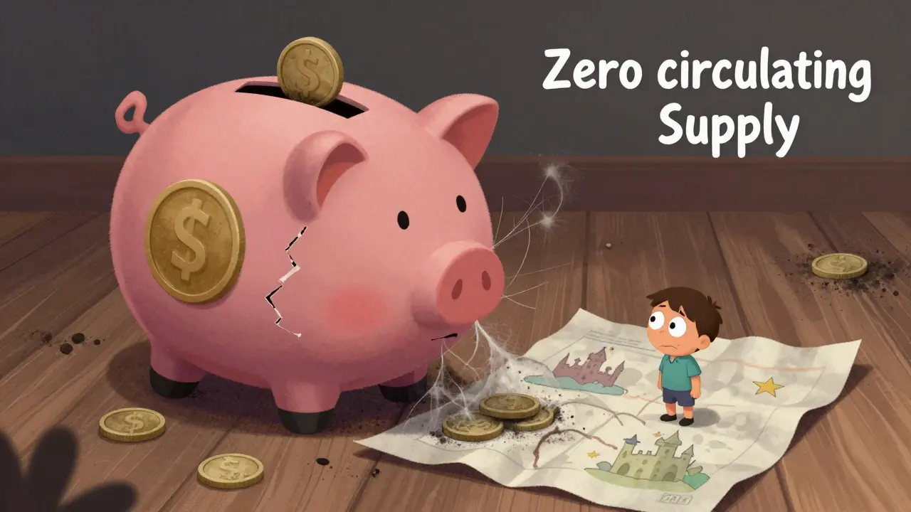 Illustration of broken piggy bank with dust and crumpled map