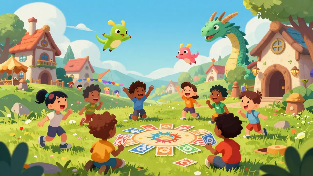 Illustration of characters playing cards with meme creatures in a festive village.