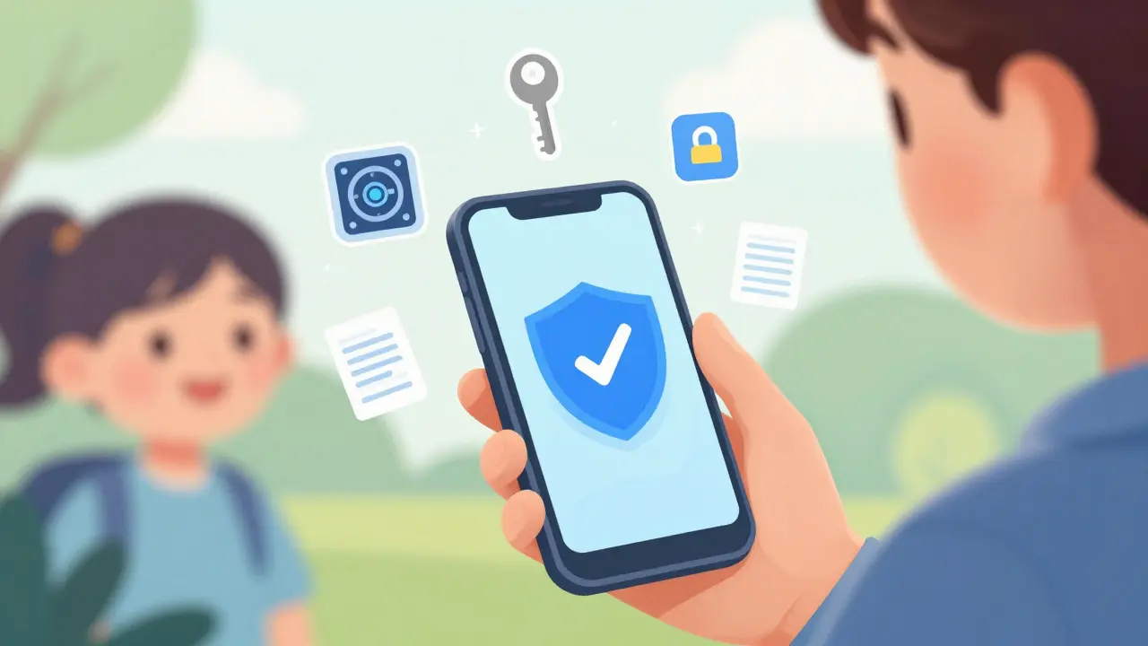 Illustration showing a smartphone with security shields and verification icons for safe trading.