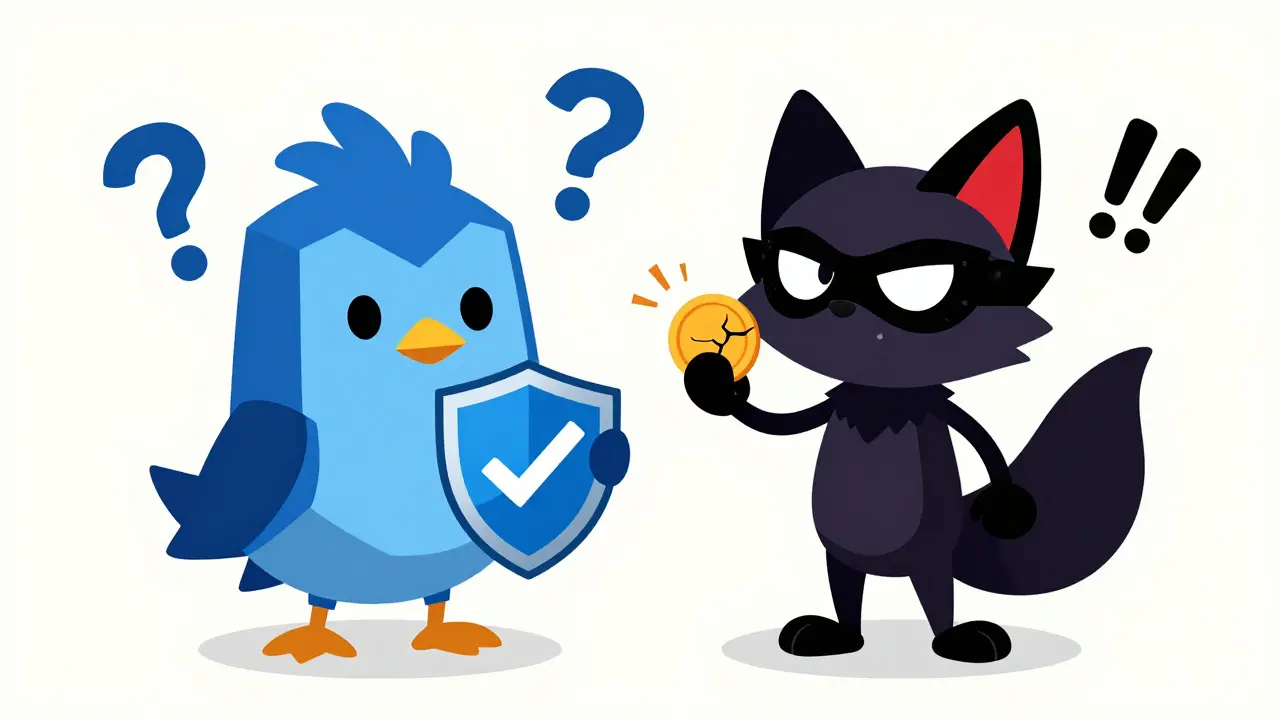 Illustration showing an official mascot versus a disguised scammer fox.