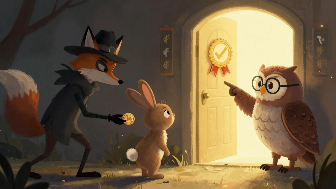Illustration warning against scams with a fox offering fake tokens near a secure portal.