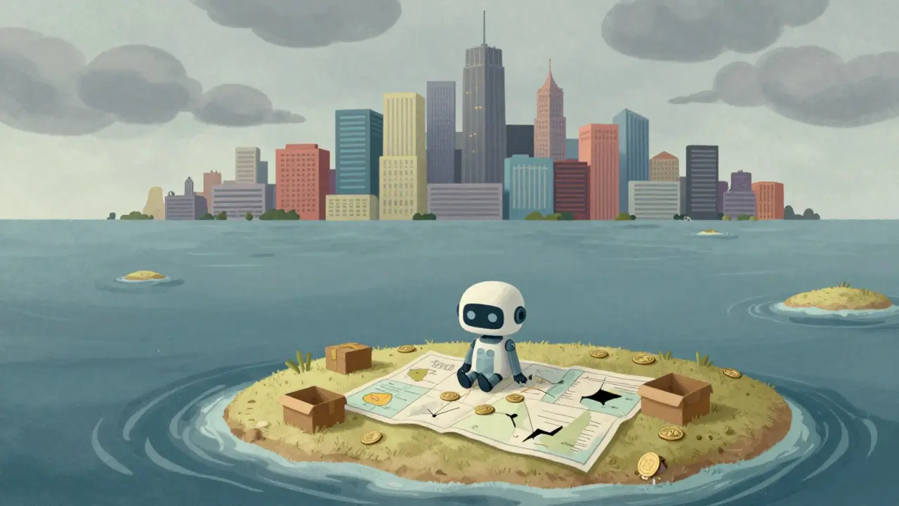 Lonely robot on an island symbolizing zero trading volume