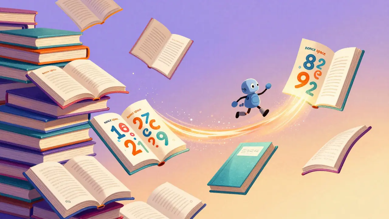 Magical character flipping through pages of numbers representing data expansion.